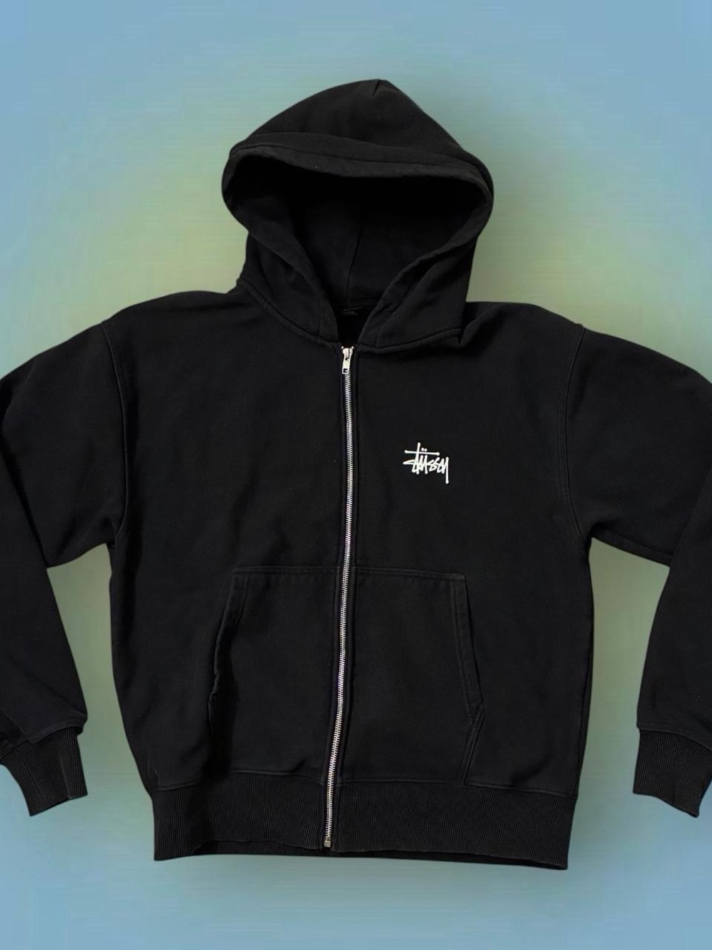 Stussy Black Full-Zip Hoodie with White Logo